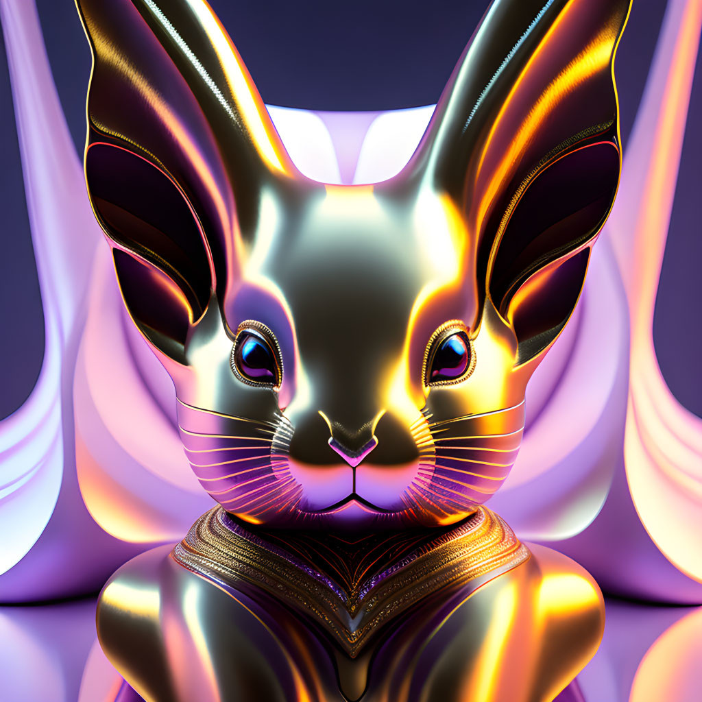 Colorful Metallic Bunny Figurine on Purple Background