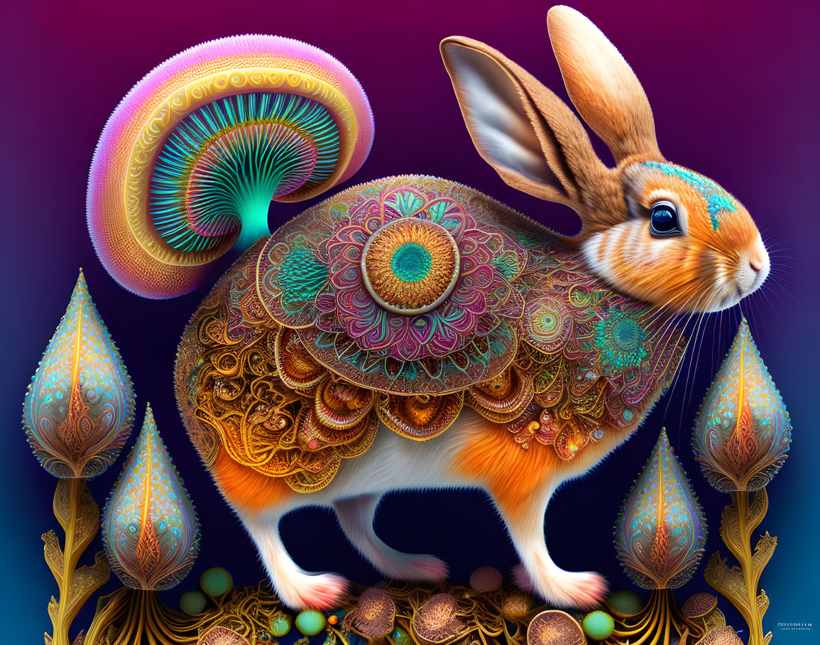 Colorful Rabbit Illustration with Ornate Shells on Purple Background