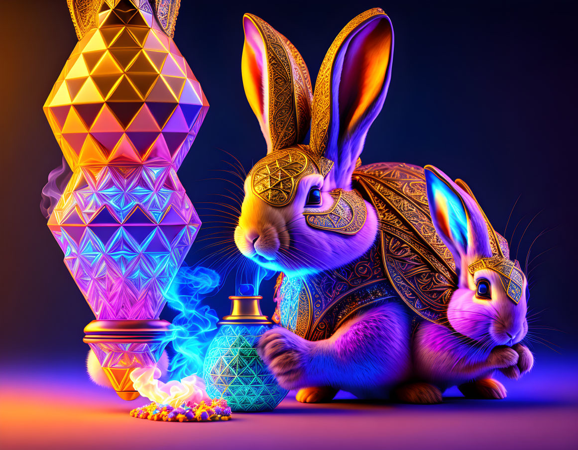 Ornate Glowing Bunnies with Mysterious Smoke Bottle and Chess Piece