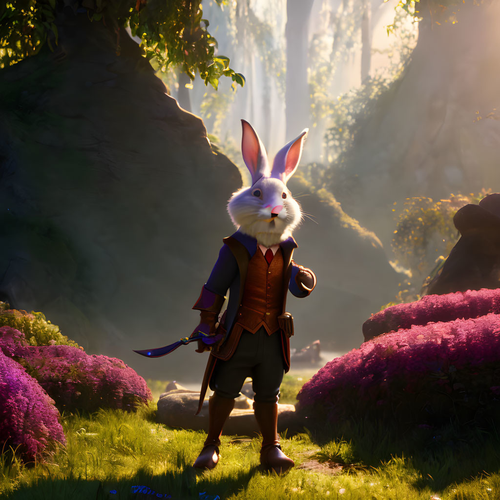 Anthropomorphic rabbit in renaissance attire in sunlit forest clearing