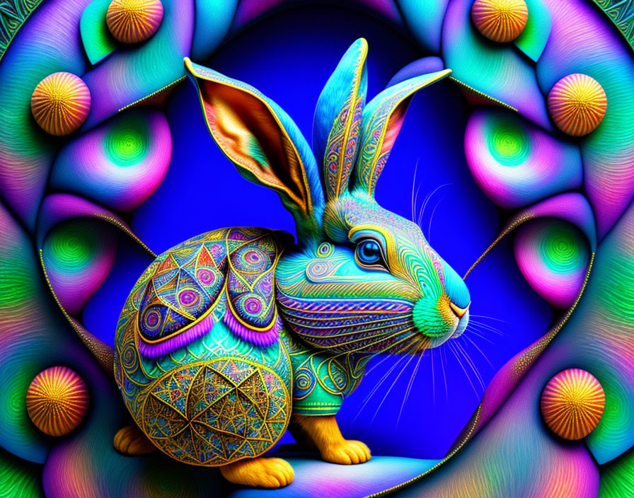 Colorful Psychedelic Blue Rabbit Illustration with Fractal Background