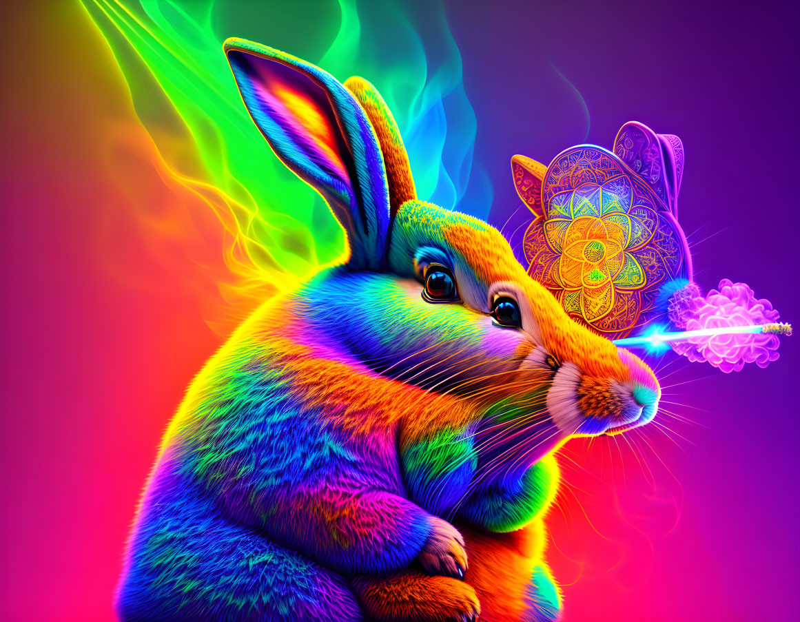 Multicolored rabbit digital artwork with psychedelic patterns and glowing light effects