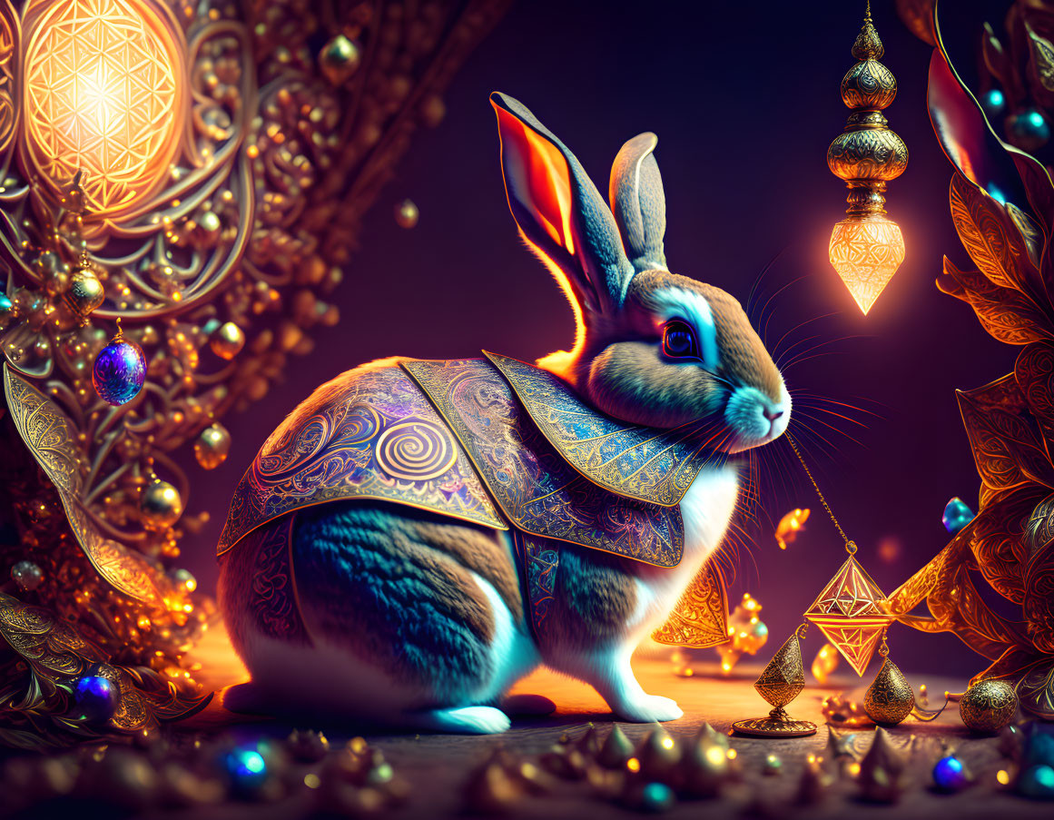 Patterned Fur Rabbit in Ornate, Glowing Environment with Gold Details