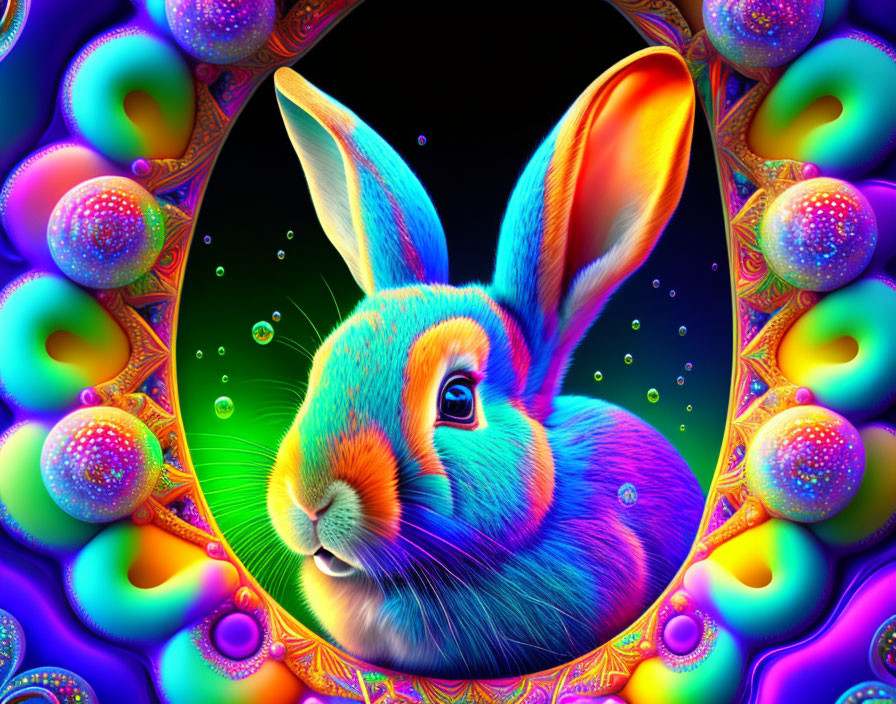 Colorful digital art: Neon blue and orange rabbit in ornate, psychedelic frame.