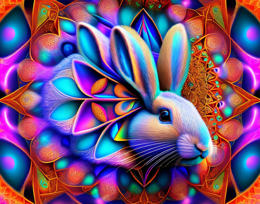 Colorful digital artwork featuring a blue rabbit with exaggerated ears in psychedelic neon patterns