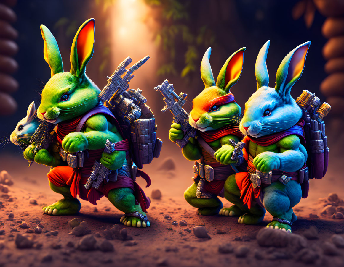 Anthropomorphic rabbits with futuristic weapons in dramatic setting