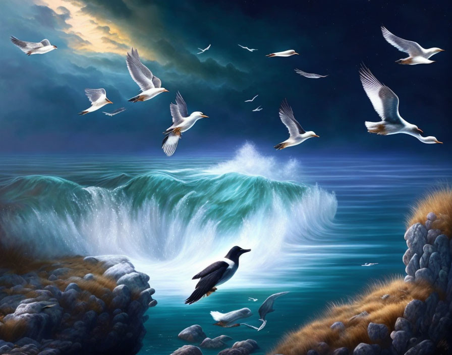 Seabirds Flying Over Turbulent Ocean Waves in Dramatic Sky