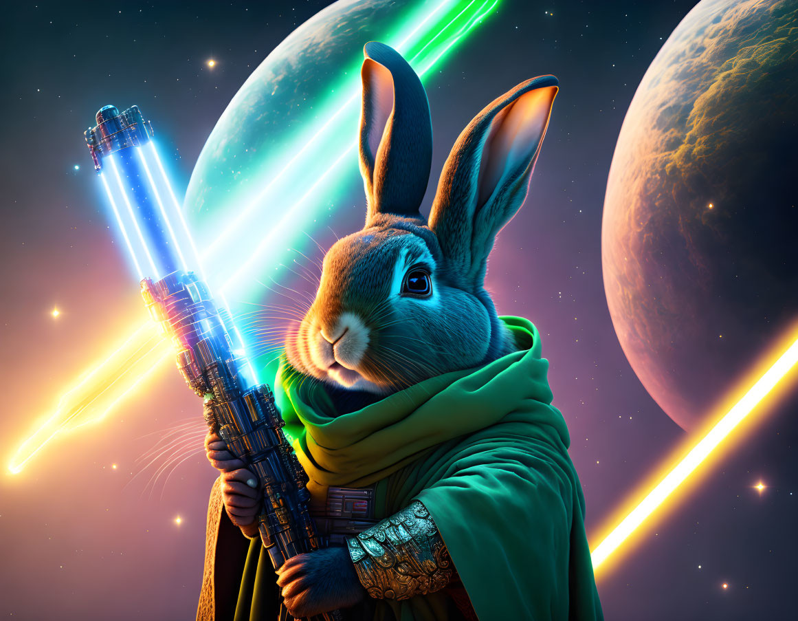 Whimsical rabbit in sci-fi attire with futuristic sword among vibrant planets