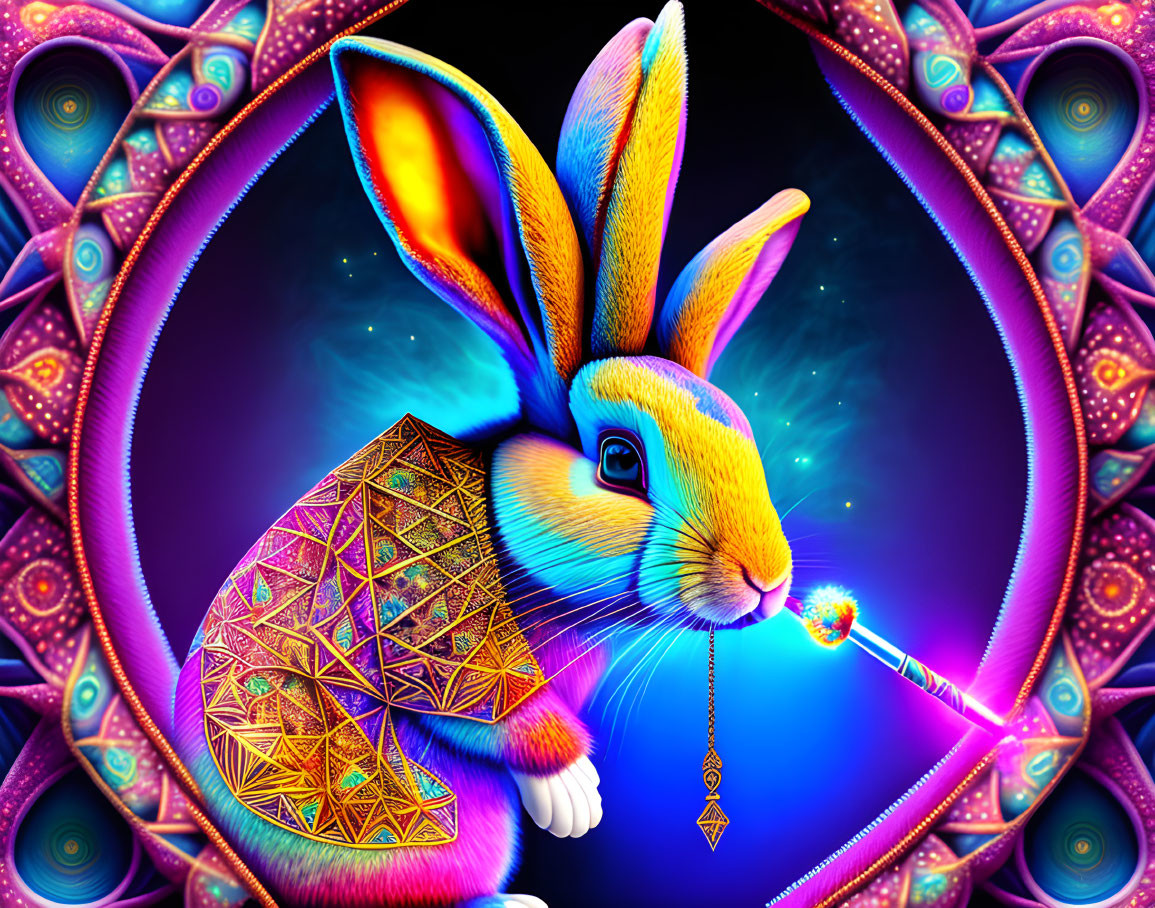 Colorful digital artwork: Cosmic rabbit with geometric patterns and glowing orb on a string, surrounded by psychedelic