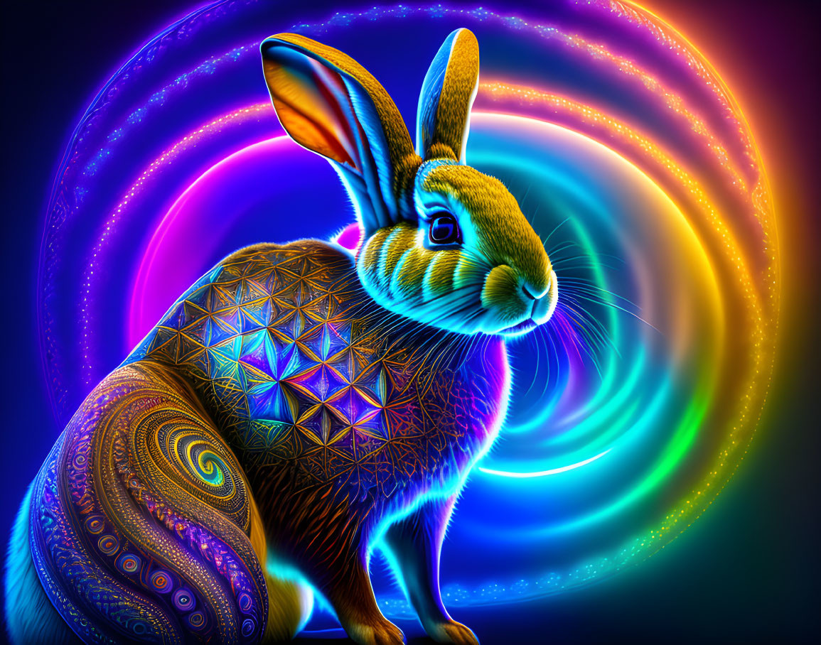 Colorful digital artwork: Rabbit with intricate patterns on neon swirl background