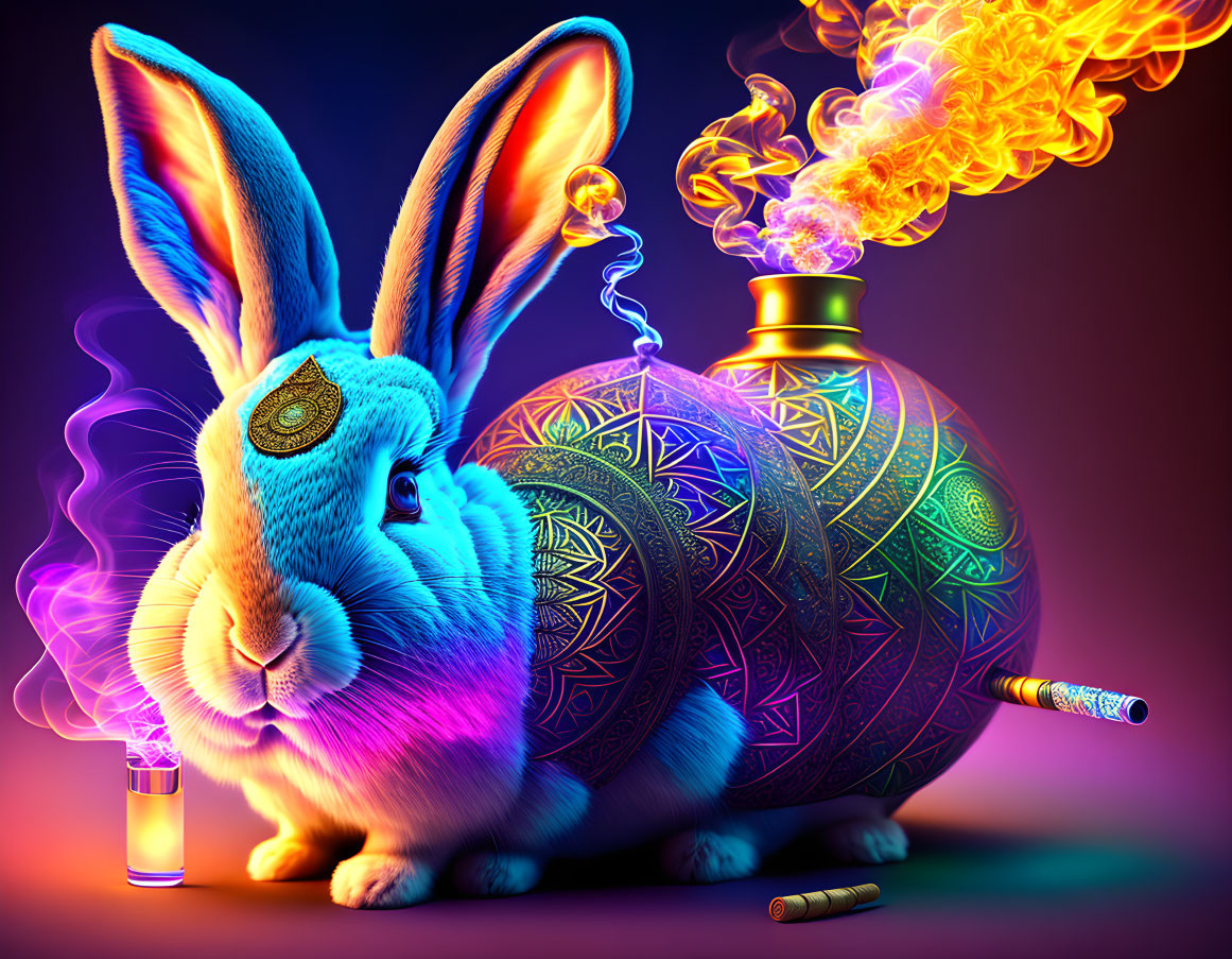 Detailed artwork of rabbit with peacock feather eye next to genie lamp, flames, vial, and