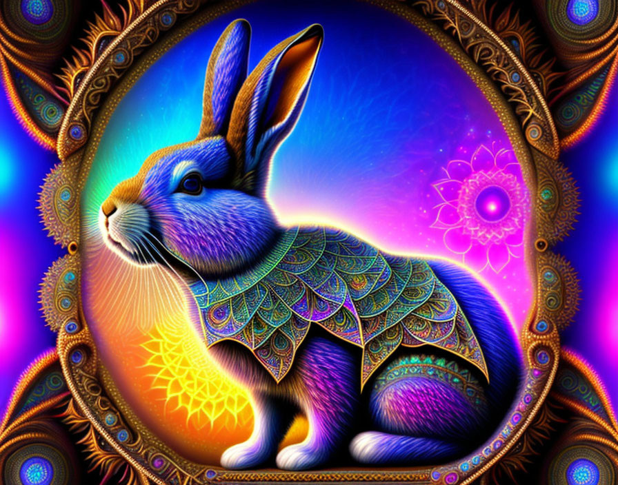 Colorful Psychedelic Rabbit Illustration with Glowing Patterns on Ornate Background