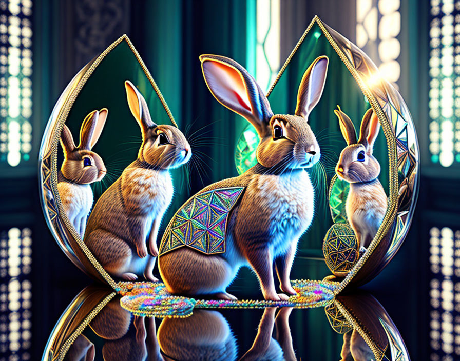 Three ornate glass rabbit sculptures in intricate design against dark room with tall windows