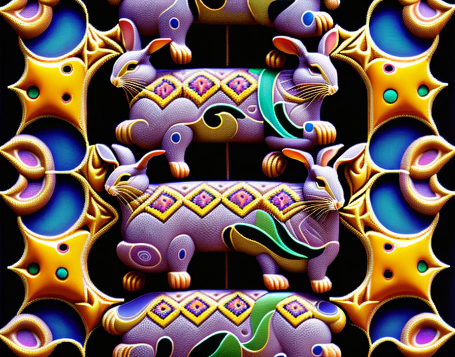 Symmetrical Abstract Elephant Shapes in Purple and Gold Fractal Art