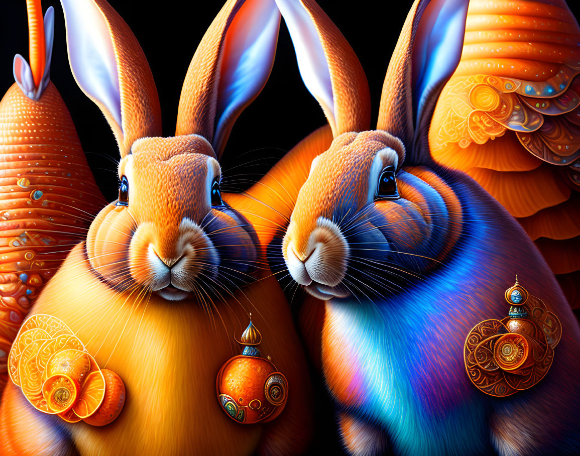 Colorful Rabbits with Ornate Patterns and Jewelry in Stylized Illustration