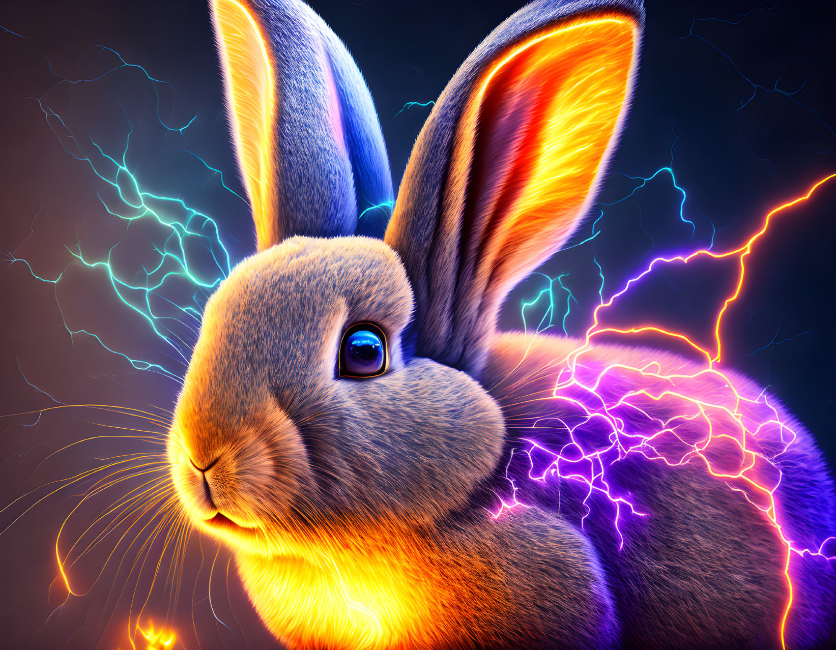 Colorful Digital Artwork: Rabbit with Blue Eye Surrounded by Electric Lightning