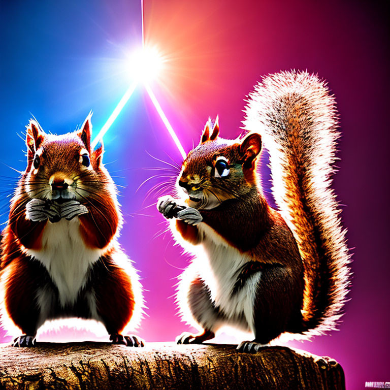 Stylized cartoon squirrels with glowing eyes on colorful background