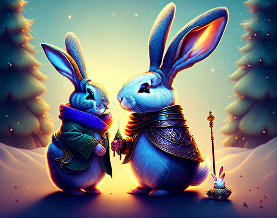 Fantasy setting with anthropomorphic rabbits in elaborate outfits