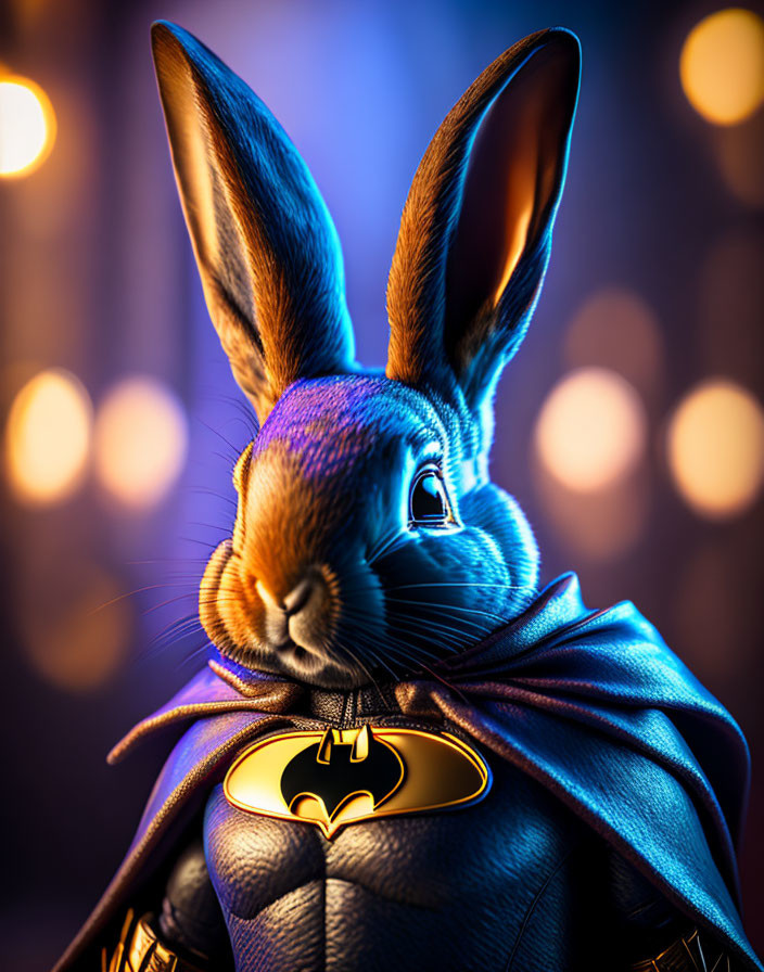 Stylized rabbit illustration in Batman costume with intense gaze