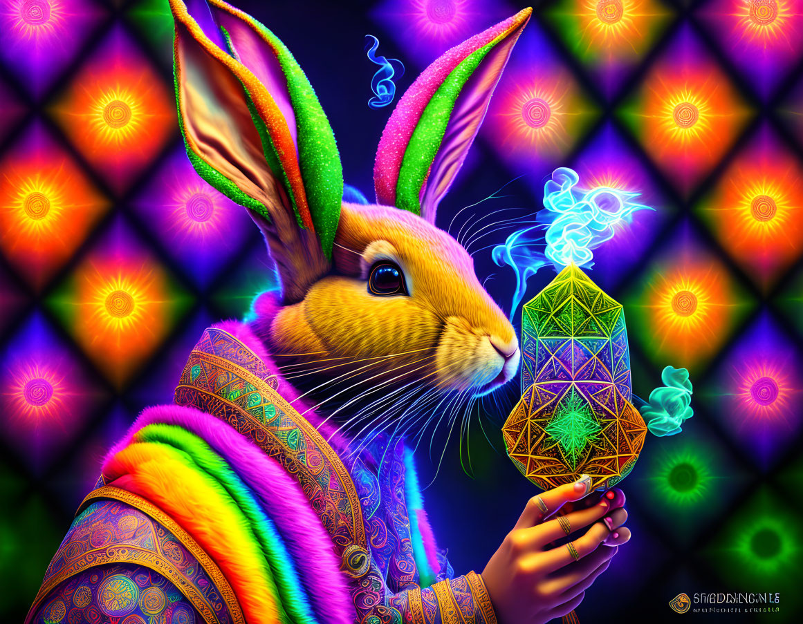 Colorful digital art: Psychedelic rabbit in vibrant coat with geometric shape and swirling smoke on kale