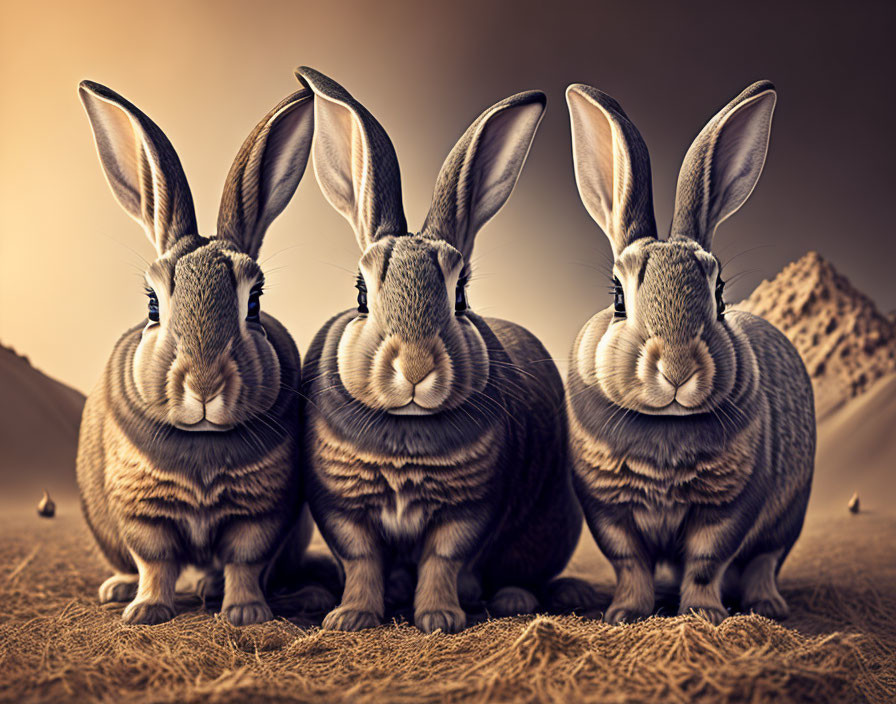 Three stylized rabbits with pronounced ears in sepia-toned desert setting