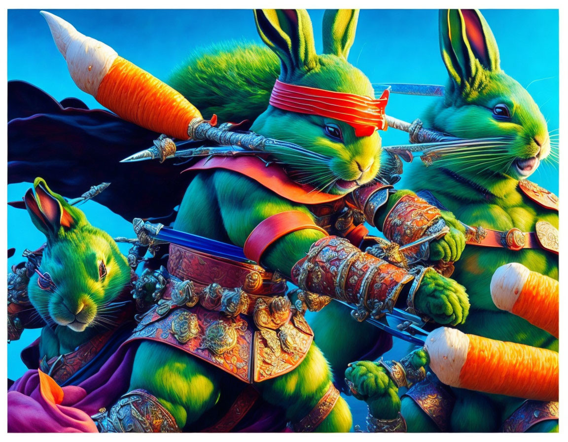 Anthropomorphic rabbits in samurai attire with carrots on blue background