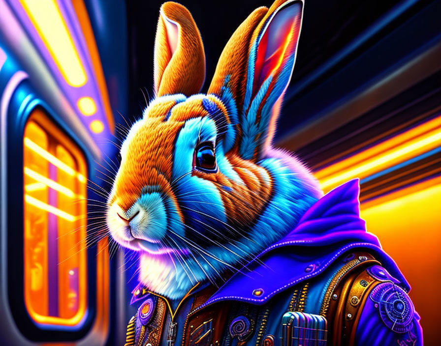 Detailed futuristic anthropomorphic rabbit in space suit illustration