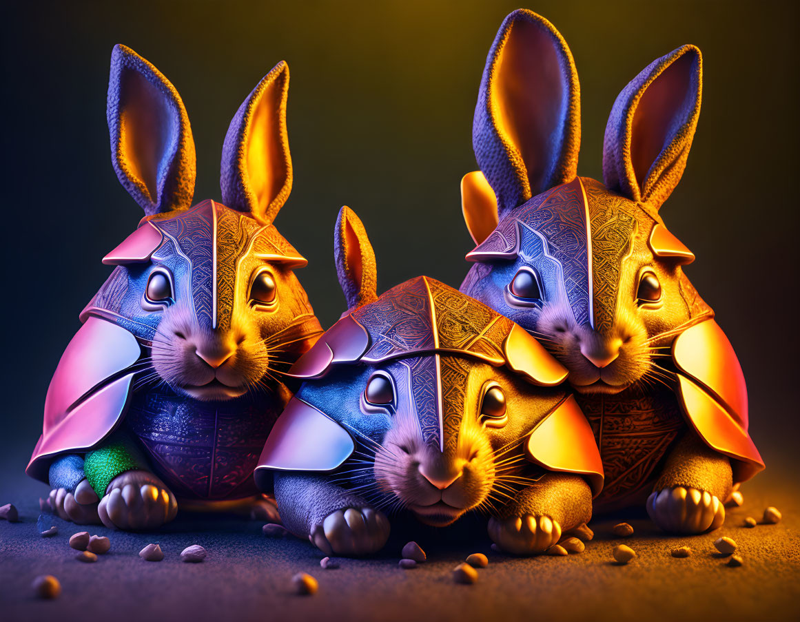 Vibrant metallic rabbits with intricate etchings on dark backdrop