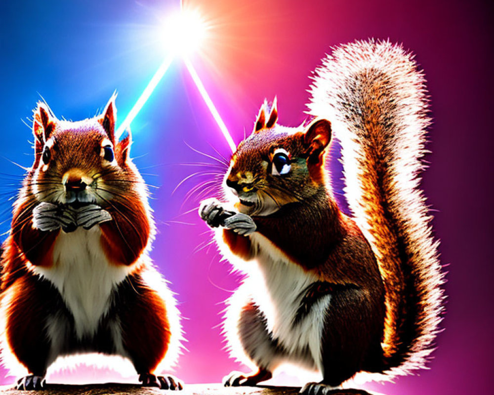 Stylized cartoon squirrels with glowing eyes on colorful background