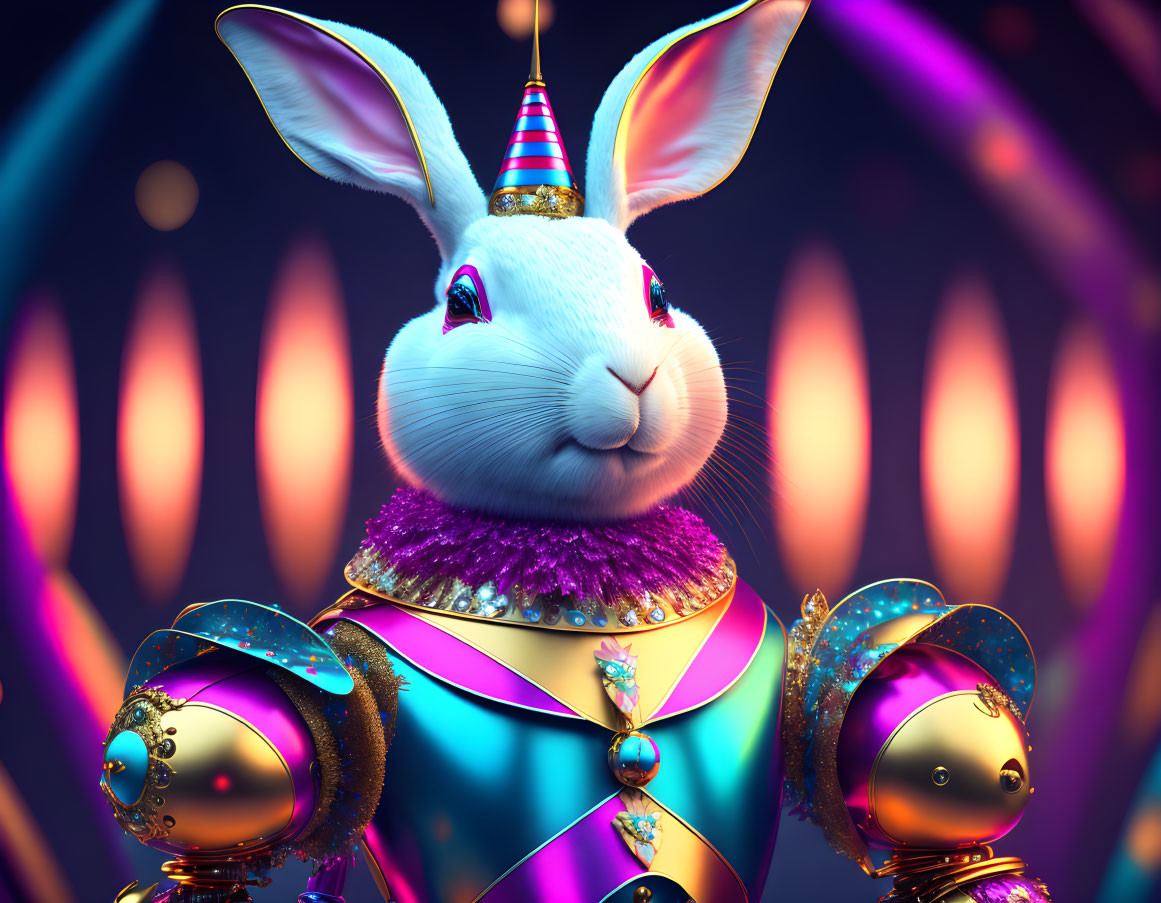 Colorful Armored Rabbit in Birthday Hat Amid Abstract Shapes