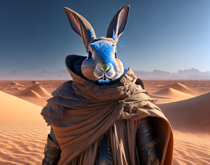 Surreal desert landscape with person in rabbit headscarf