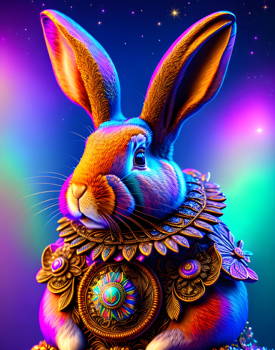 Colorful jewelry-clad rabbit on blue-purple background with stars