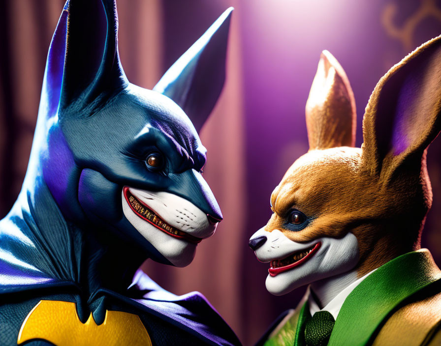 Anthropomorphic bat and rabbit in superhero vs. villain face-off