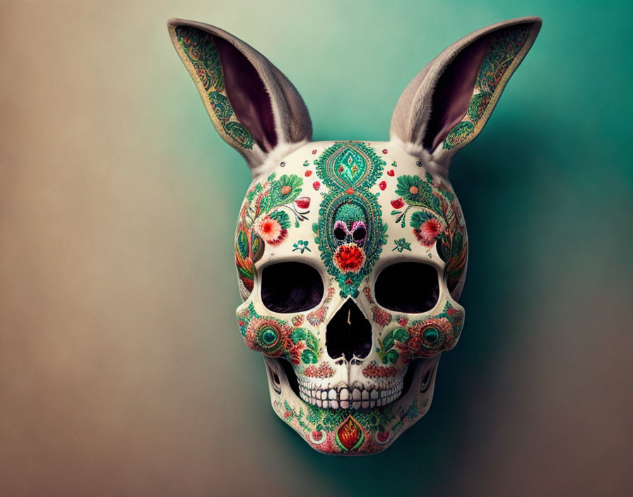 Colorful Rabbit-Eared Skull with Intricate Patterns on Gradient Background