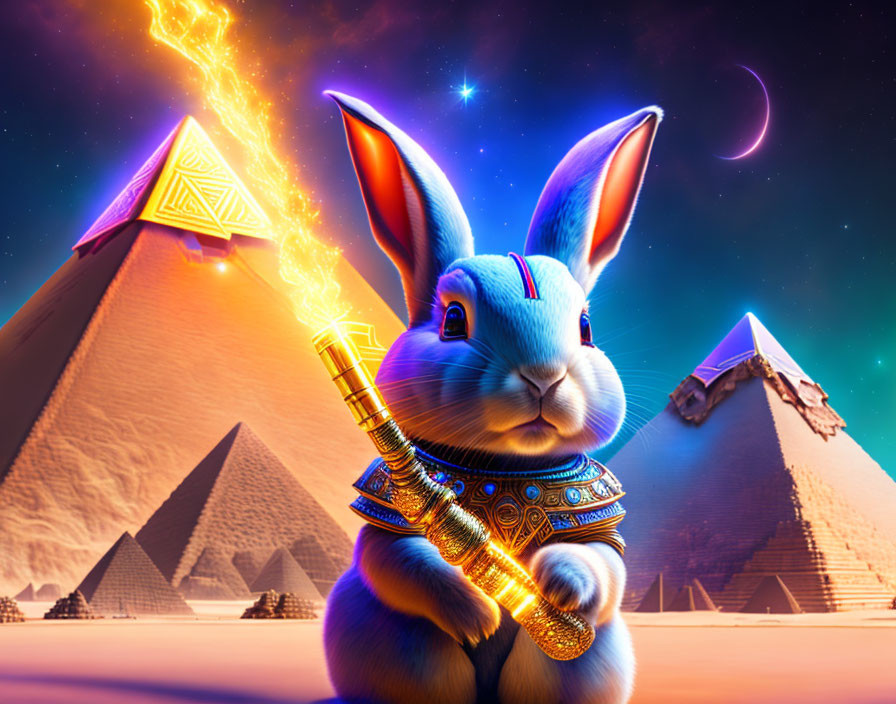 Digital artwork of blue rabbit with lightning staff at Egyptian pyramid