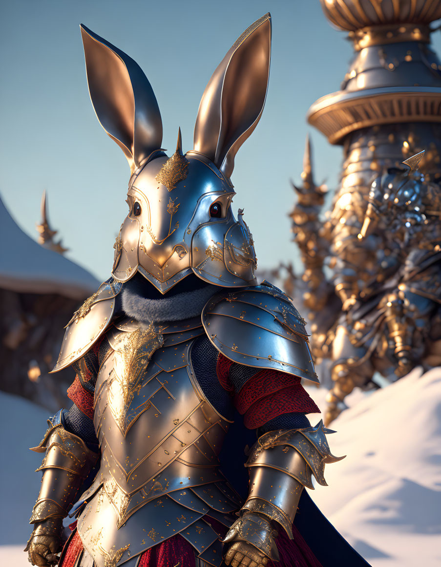 Ornate rabbit-shaped knight in snowy landscape