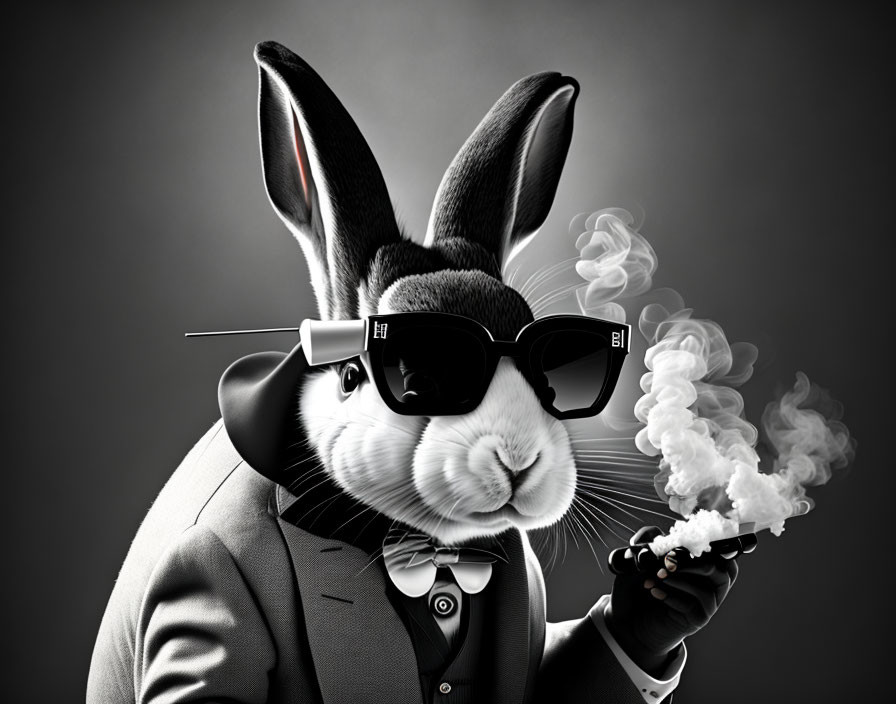 Anthropomorphic rabbit in suit and sunglasses smoking pipe on gray background