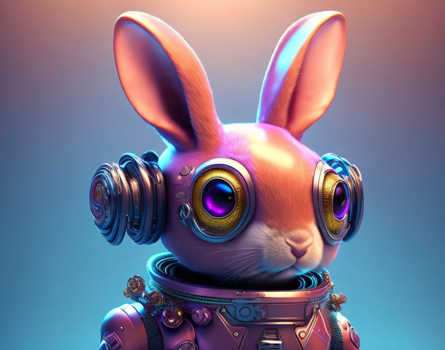 Futuristic digital artwork: robotic bunny with purple eyes & mechanical ears