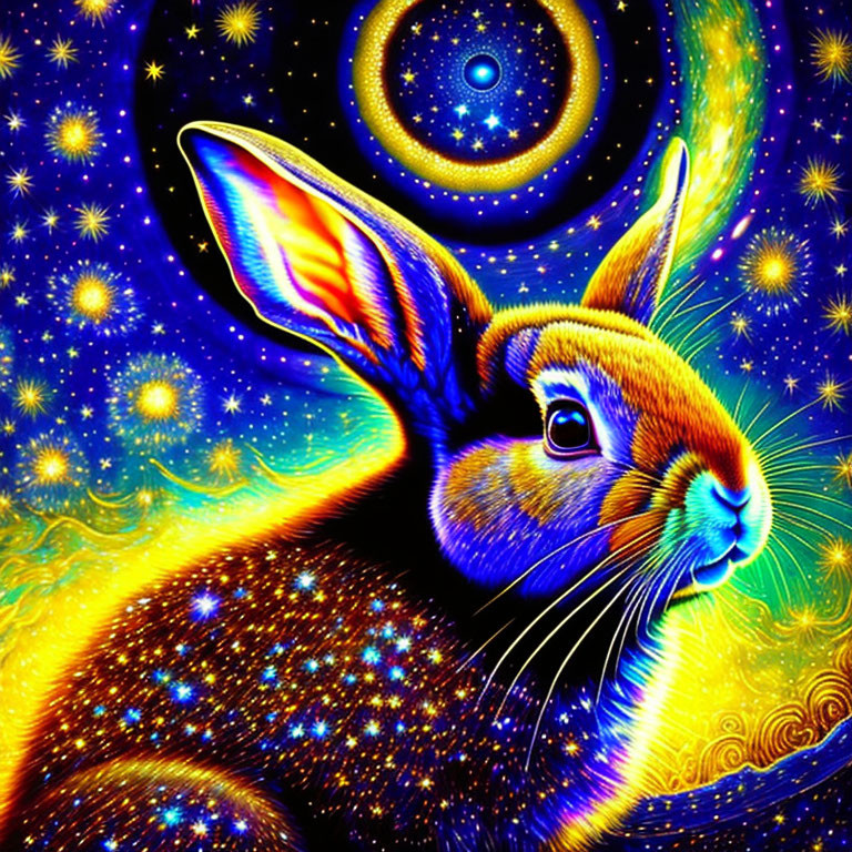 Colorful psychedelic rabbit illustration with cosmic patterns and stars in space