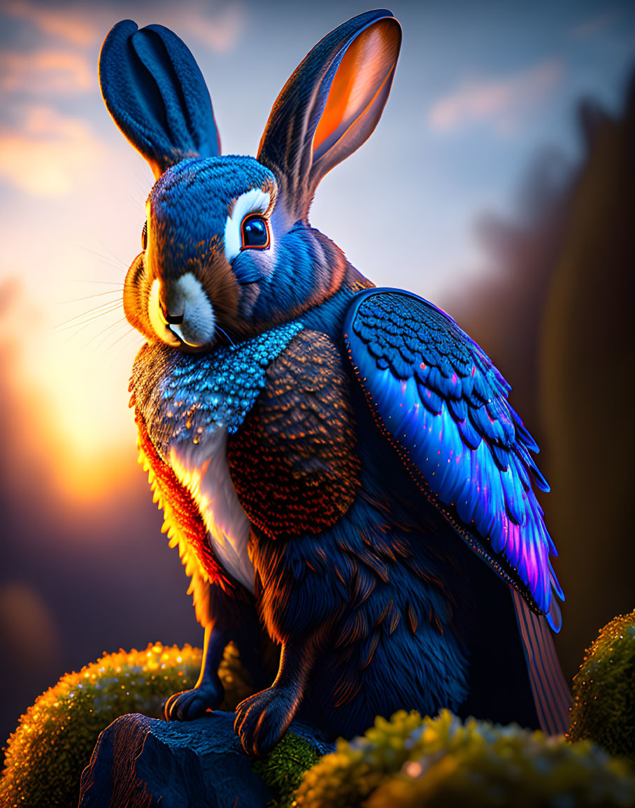 Colorful digital art: rabbit-bodied creature with bird wings in twilight sky