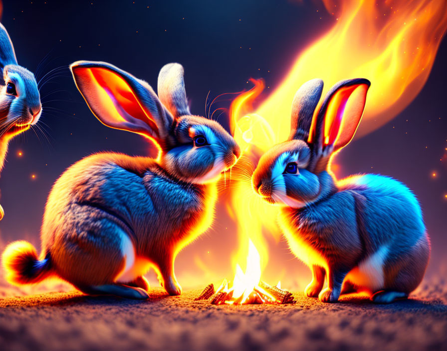 Three rabbits by a campfire under a starry night sky