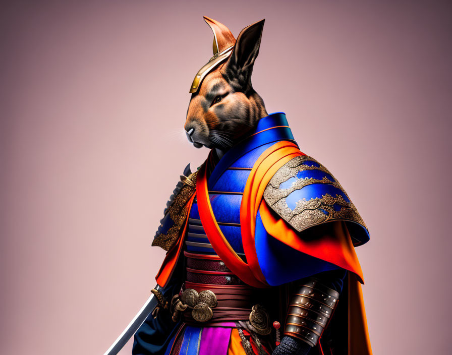 Anthropomorphic rabbit in samurai armor on pink background