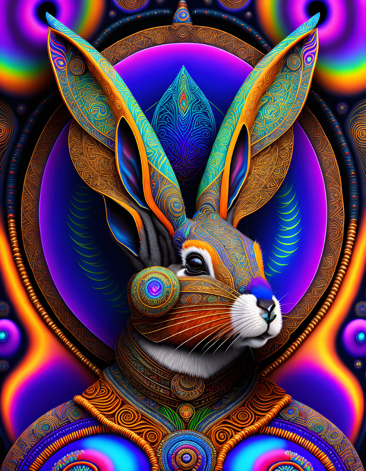 Colorful Stylized Rabbit Art with Psychedelic Background