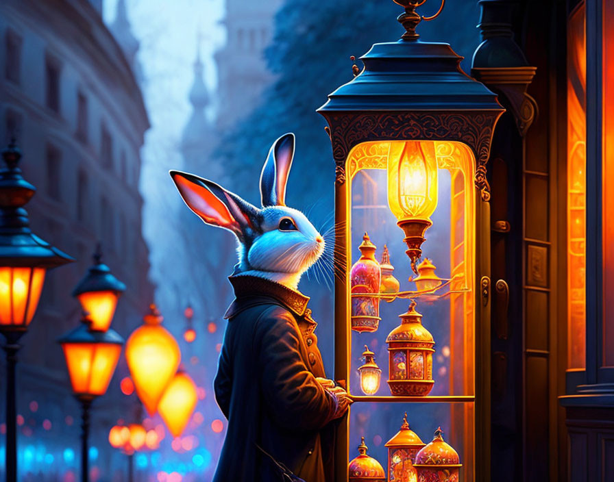 Anthropomorphic rabbit in coat by lamp post with lanterns on cobblestone street