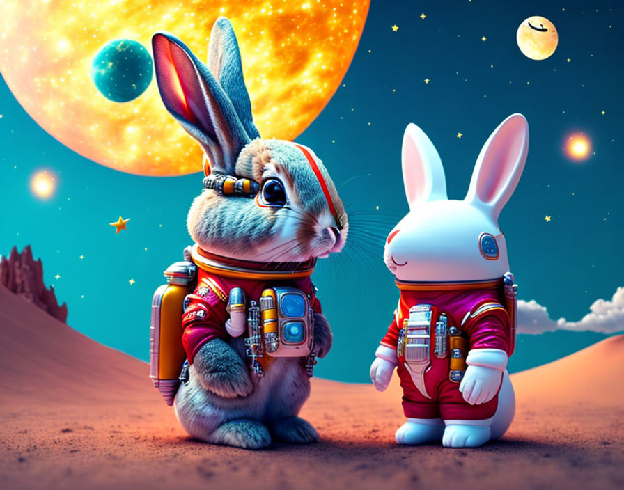 Animated rabbits in spacesuits explore alien planet with giant celestial bodies.