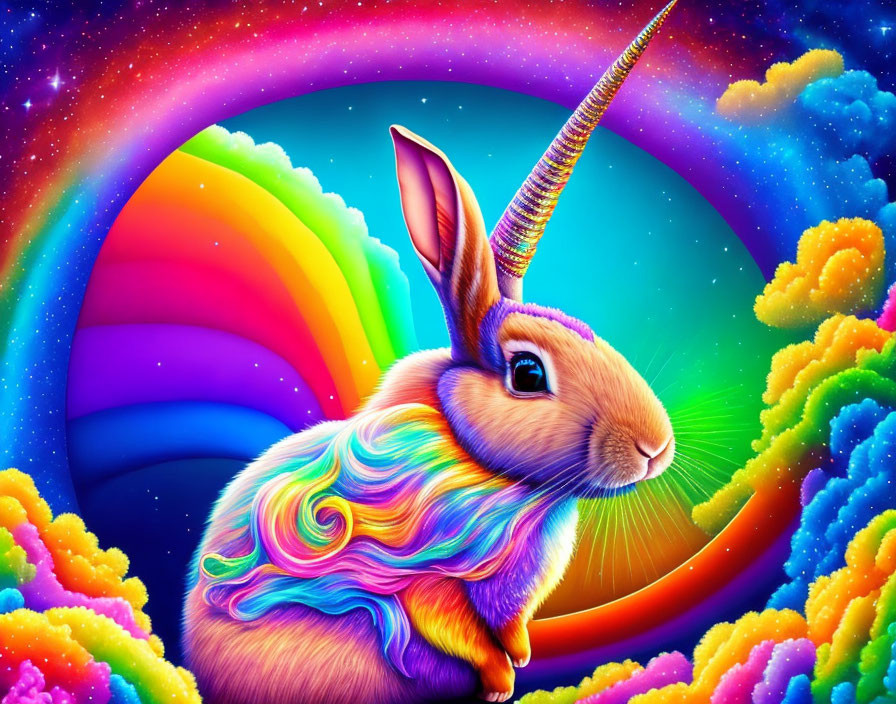 Colorful Rabbit with Unicorn Horn in Psychedelic Setting