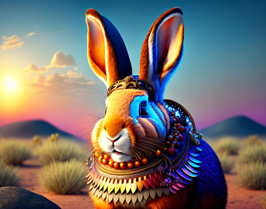 Colorful Beaded Rabbit with Futuristic Eyepiece in Desert Sunset