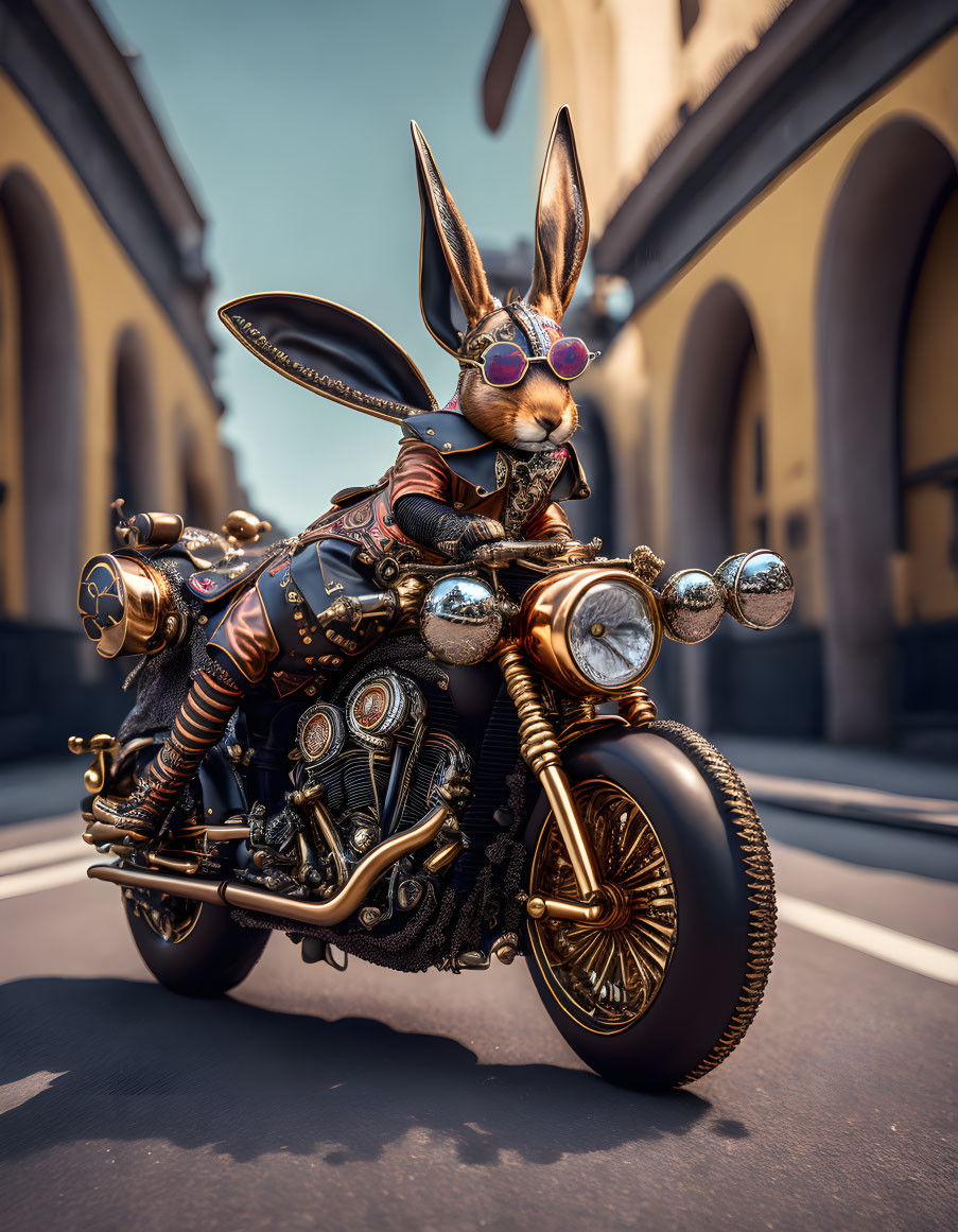 Steampunk rabbit on vintage motorcycle with circular shades