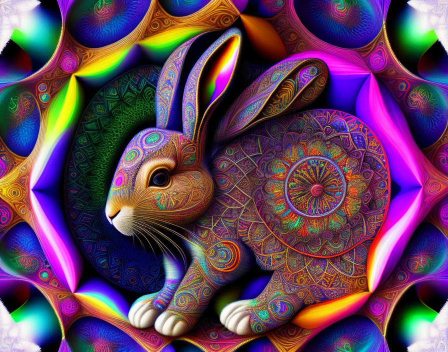 Colorful digital art: stylized rabbit with intricate patterns on psychedelic background.