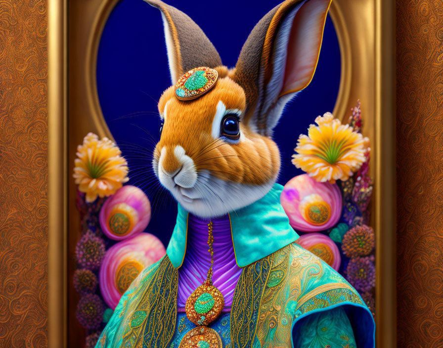 Regal Rabbit in Jeweled Headband and Ornate Clothing on Blue Background